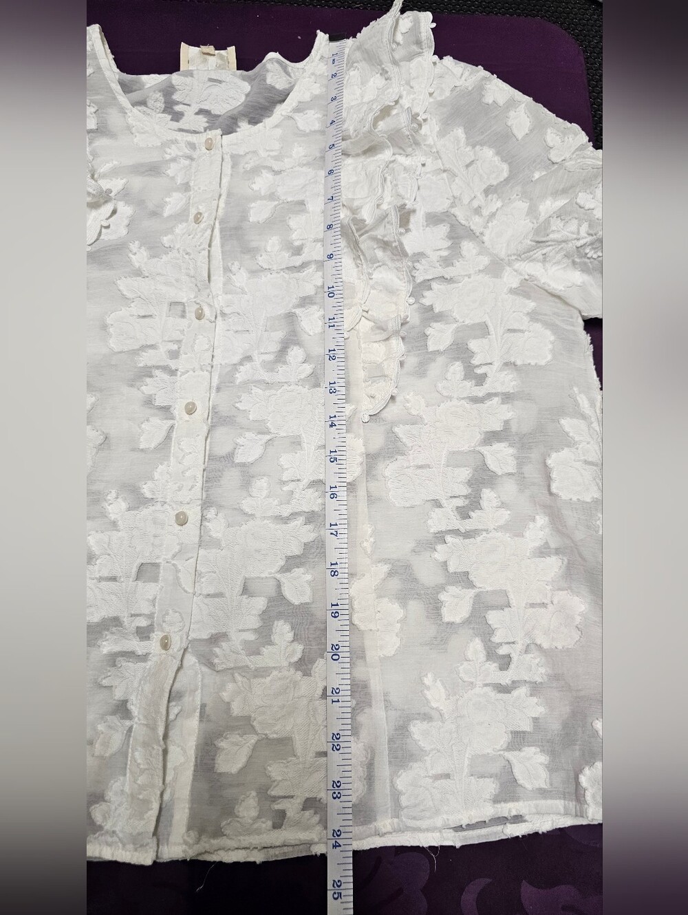 Sezane Jordanna Blouse White Floral Devoré Lace Ruffle Puff Sleeve Sz EU 46 US14 - Picture 10 of 11